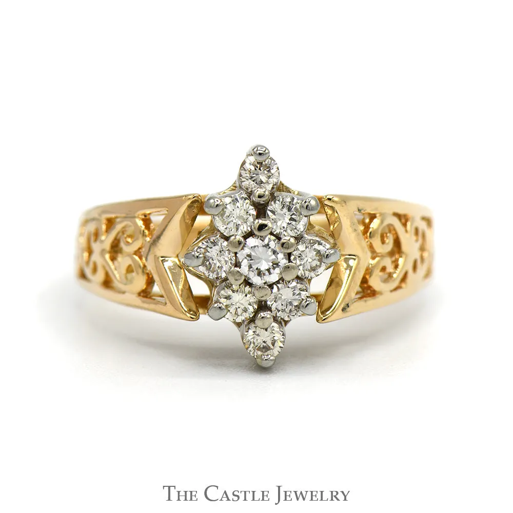 1/2cttw Marquise Shaped 9 Diamond Cluster Ring with Open Filigree Sides in 10k Yellow Gold