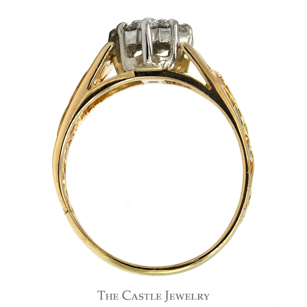 1/2cttw Marquise Shaped 9 Diamond Cluster Ring with Open Filigree Sides in 10k Yellow Gold