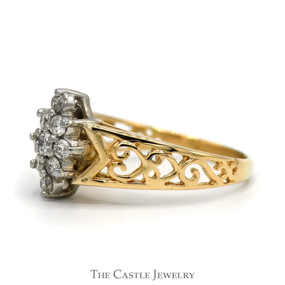 1/2cttw Marquise Shaped 9 Diamond Cluster Ring with Open Filigree Sides in 10k Yellow Gold