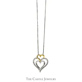 18" Diamond, Sterling Silver and Yellow Gold Triple Heart Necklace