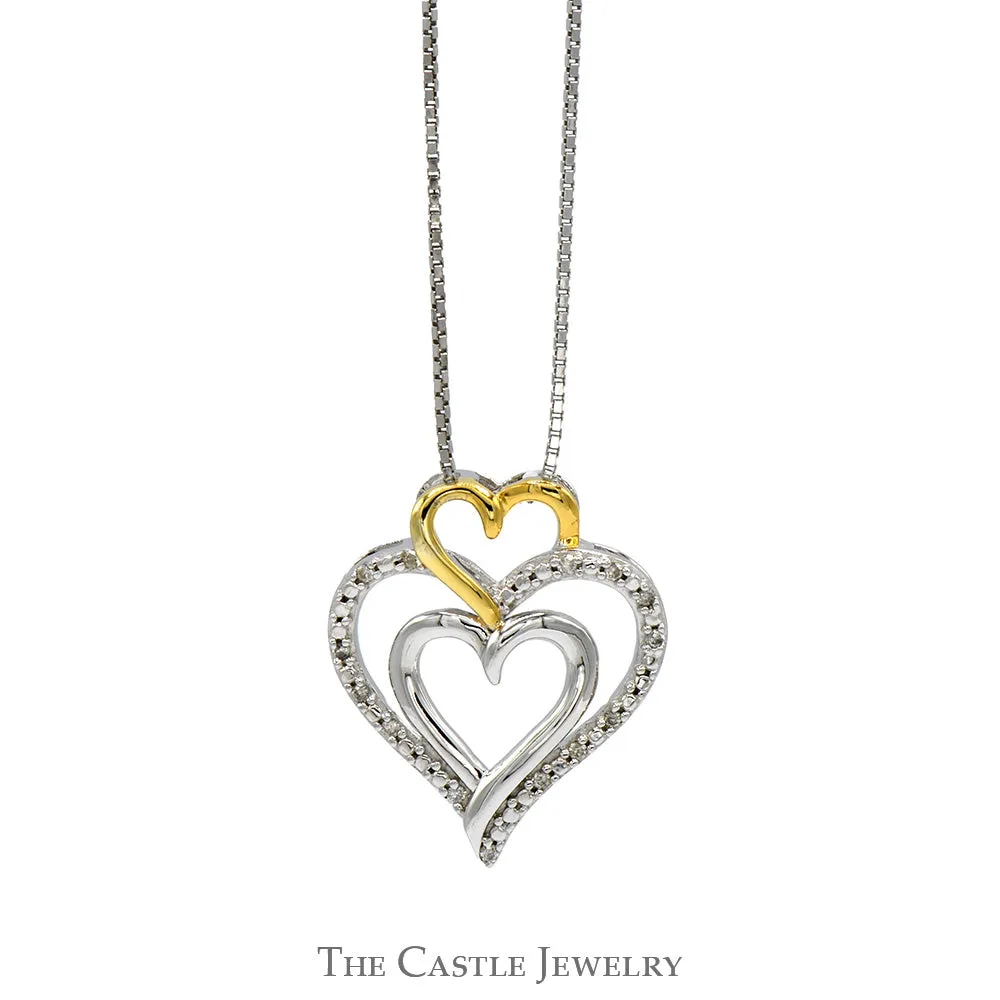 18" Diamond, Sterling Silver and Yellow Gold Triple Heart Necklace