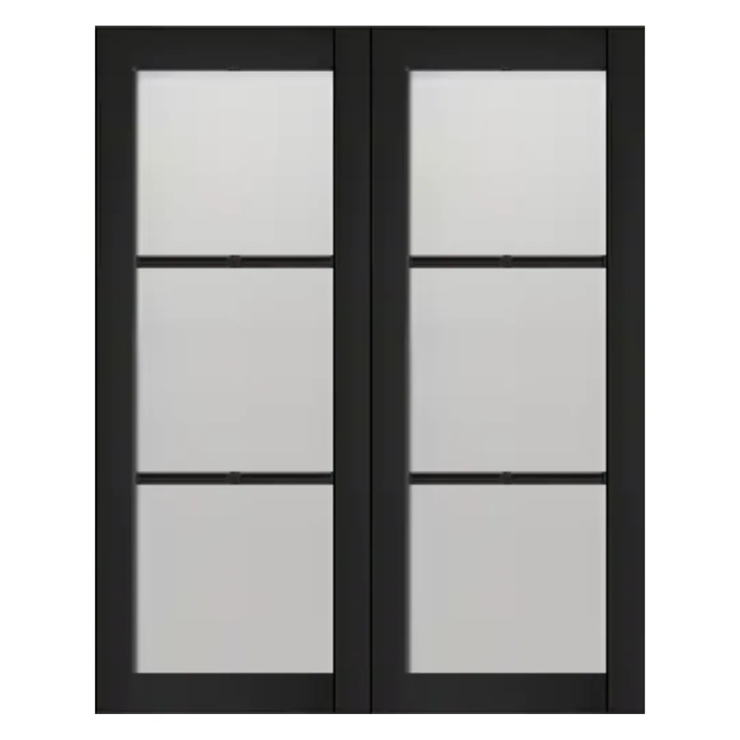 3 Lite Black Wood Prehung Double Interior Door, Clear Glass