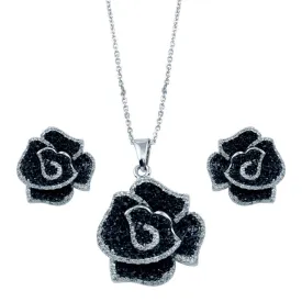 925 Sterling Silver Rhodium and Black Rhodium Plated Black and Clear Flower CZ Stud Matching Set - BGS00115