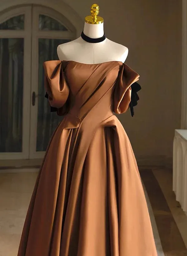 A-line Ballgown Brown Satin Off Shoulder Scoop Long Prom Dress Evening Dress