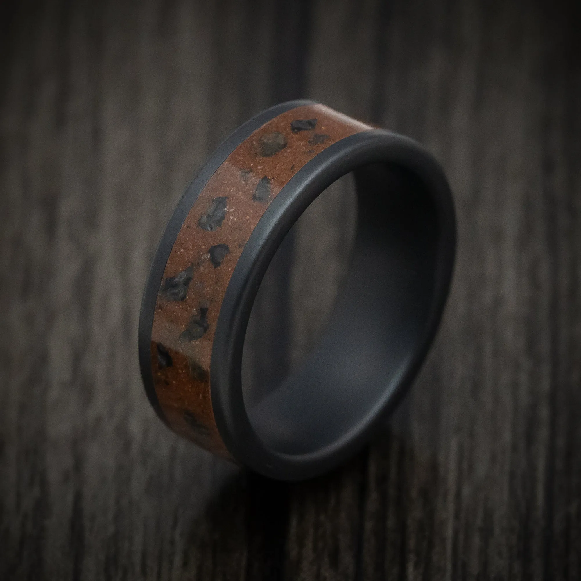 Black Ceramic Men's Ring with Red Sand and Black Dinosaur Bone Inlay