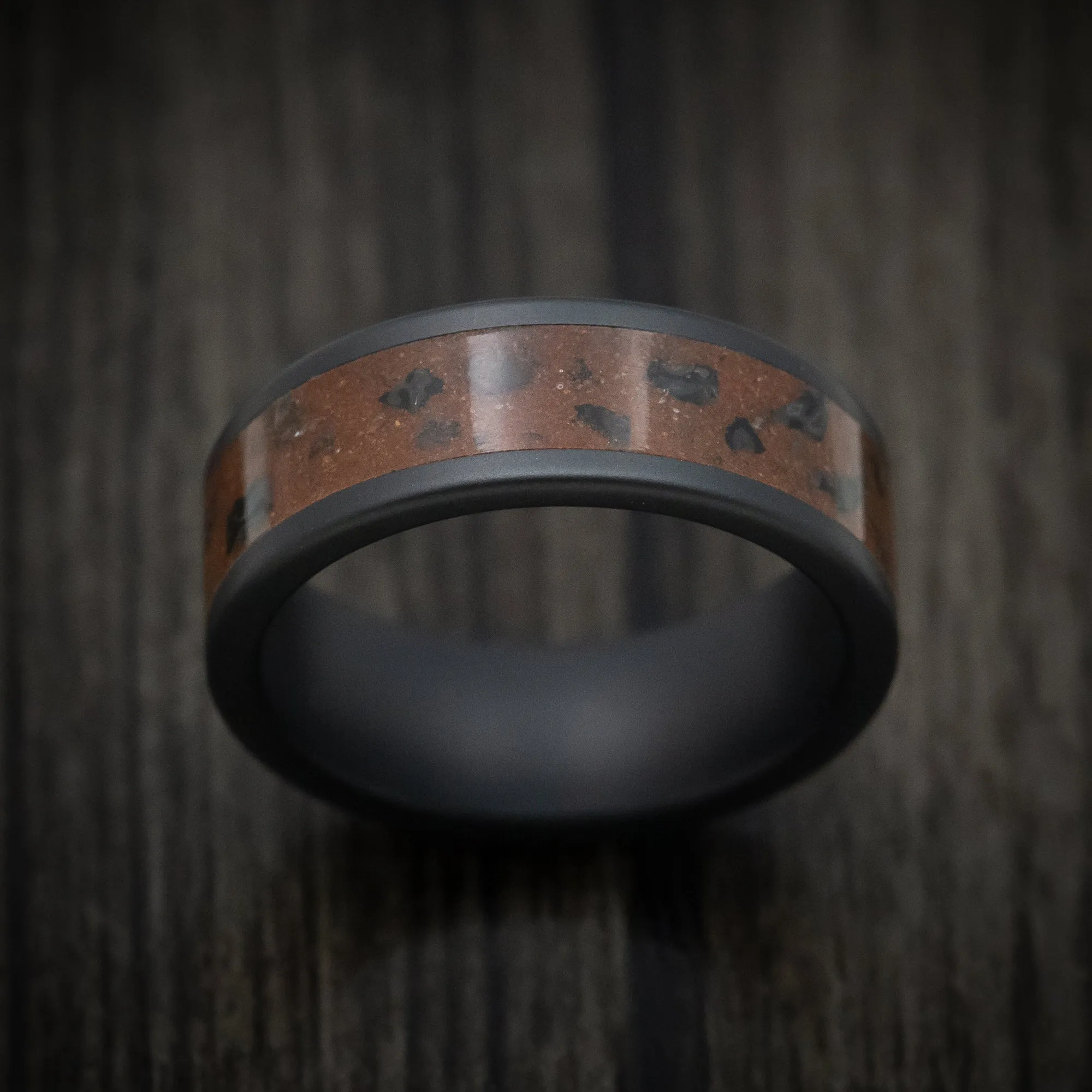 Black Ceramic Men's Ring with Red Sand and Black Dinosaur Bone Inlay