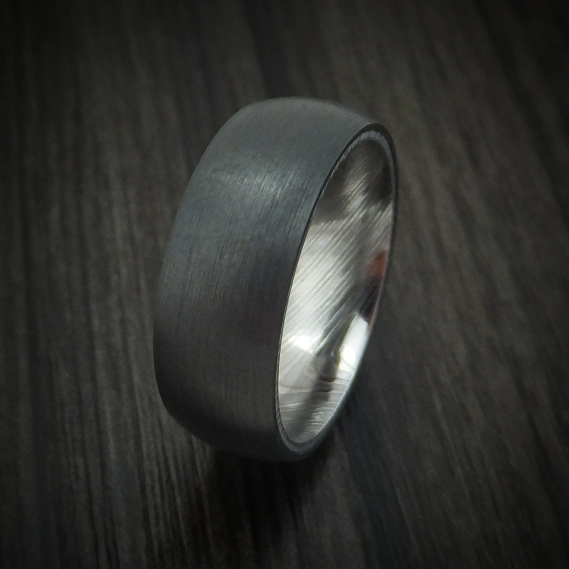 Black Titanium Men's Ring with Damascus Steel Sleeve