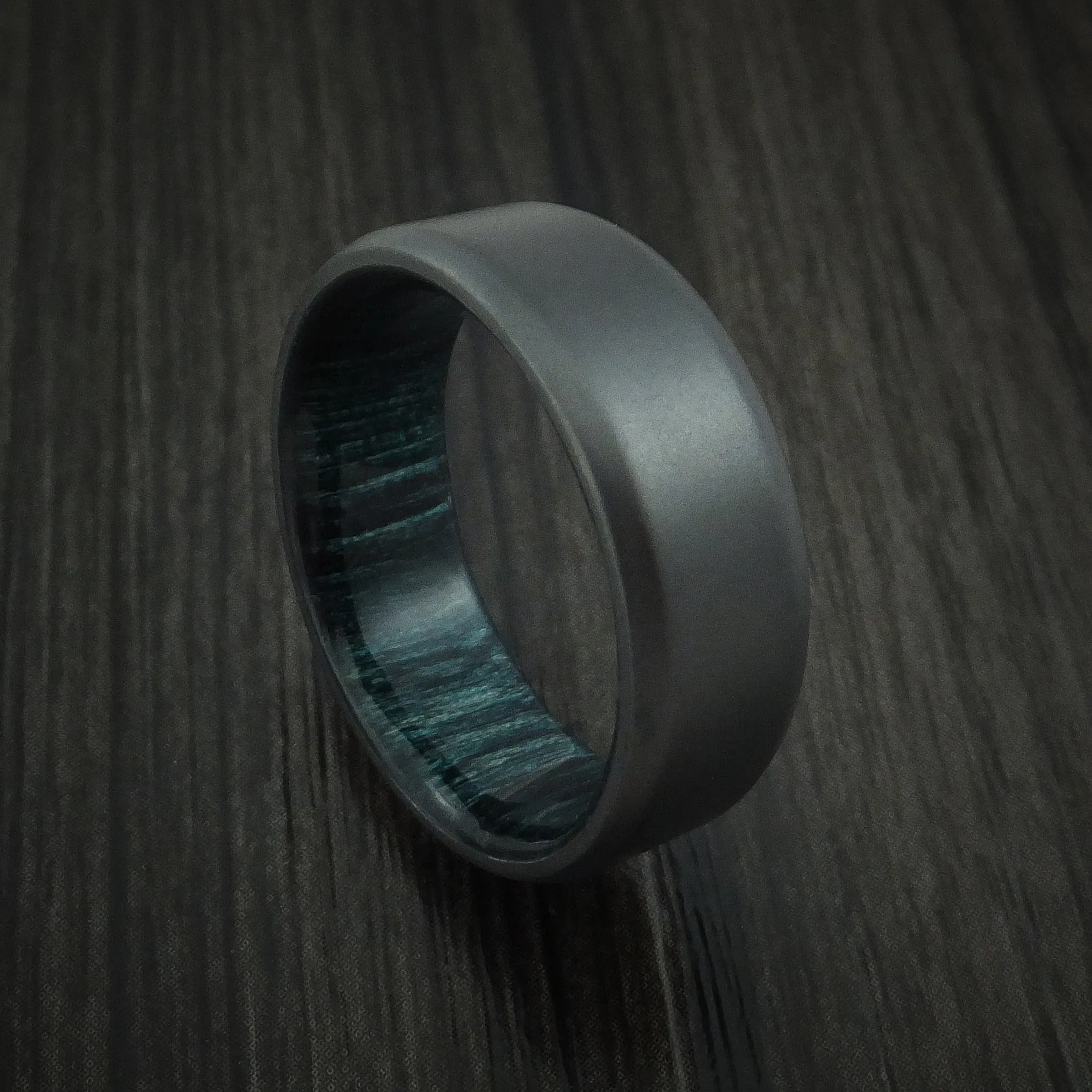 Black Zirconium and Indigo Wood Hard Wood Sleeve Men's Ring Custom Made