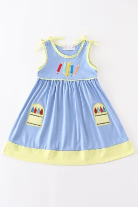 Blue crayon embroidery strap dress