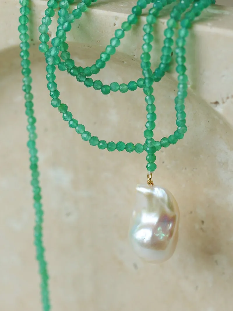 Extra-Long Green Agates Double Baroque Pearl Necklaces