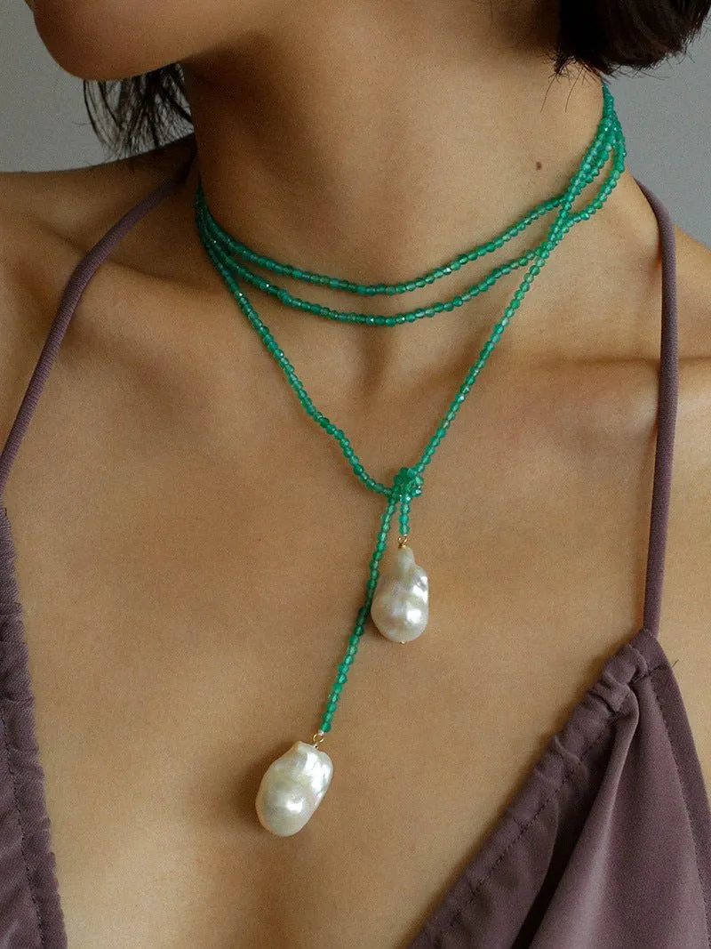 Extra-Long Green Agates Double Baroque Pearl Necklaces