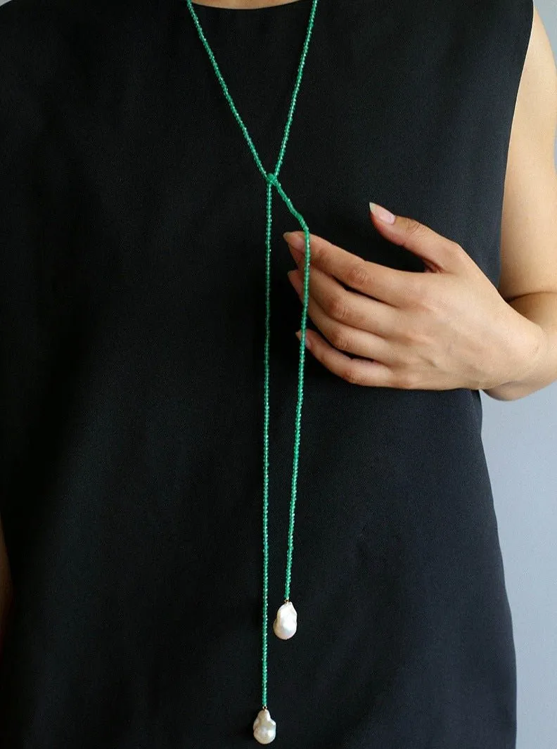 Extra-Long Green Agates Double Baroque Pearl Necklaces