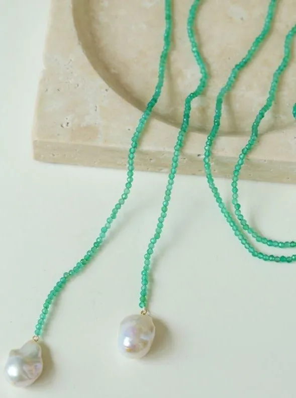 Extra-Long Green Agates Double Baroque Pearl Necklaces