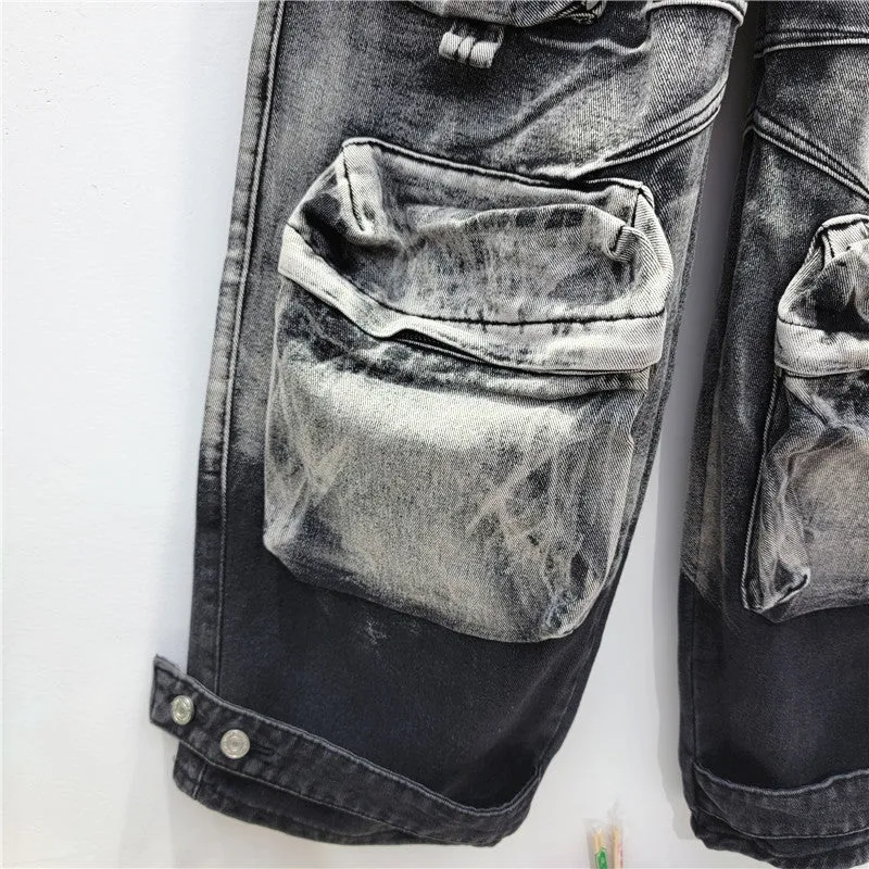 Fashionkova 90s streetwear 2024 Autumn New Style Fried Street Style Large Pocket Design Washed Gradient Tooling Umbrella Pants Casual Jeans Women's Fashion