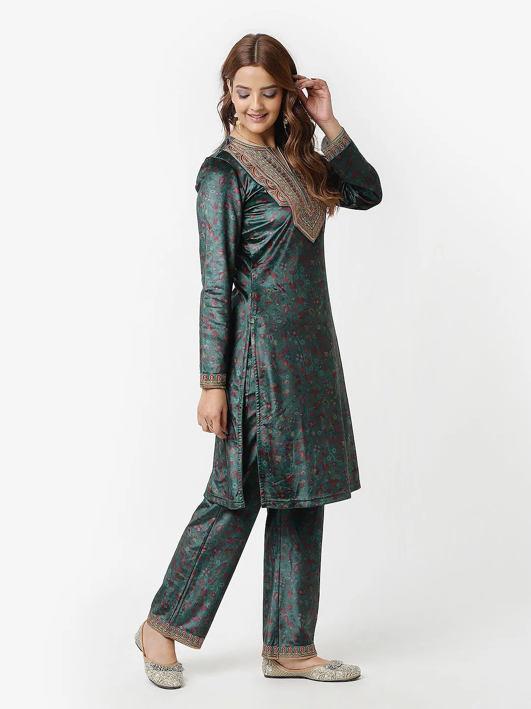 Emerald Green Velvet Kurta Set with Intricate Brass and Zari Embellishments