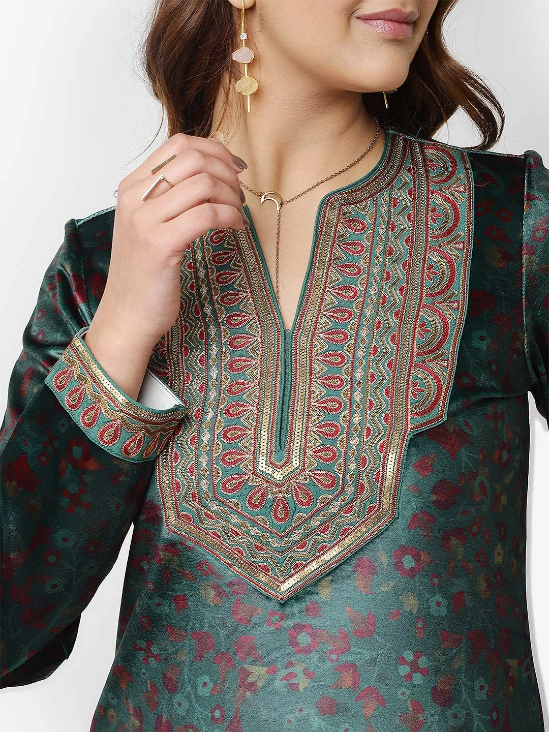 Emerald Green Velvet Kurta Set with Intricate Brass and Zari Embellishments