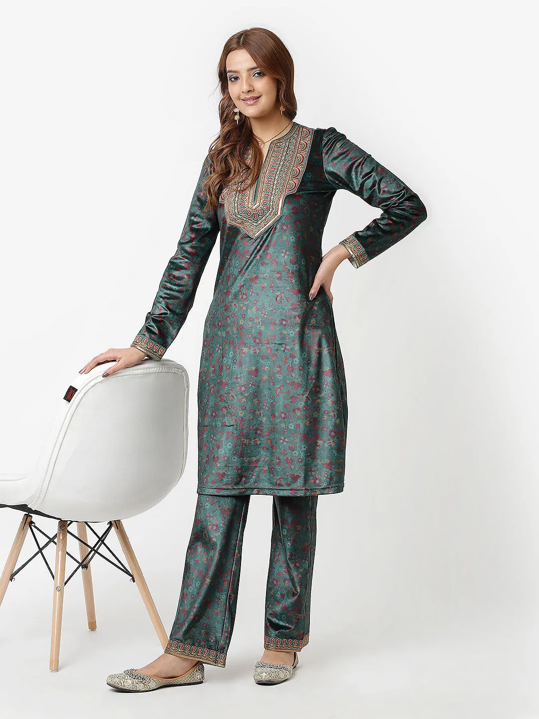 Emerald Green Velvet Kurta Set with Intricate Brass and Zari Embellishments