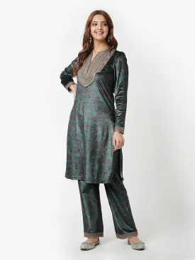 Emerald Green Velvet Kurta Set with Intricate Brass and Zari Embellishments