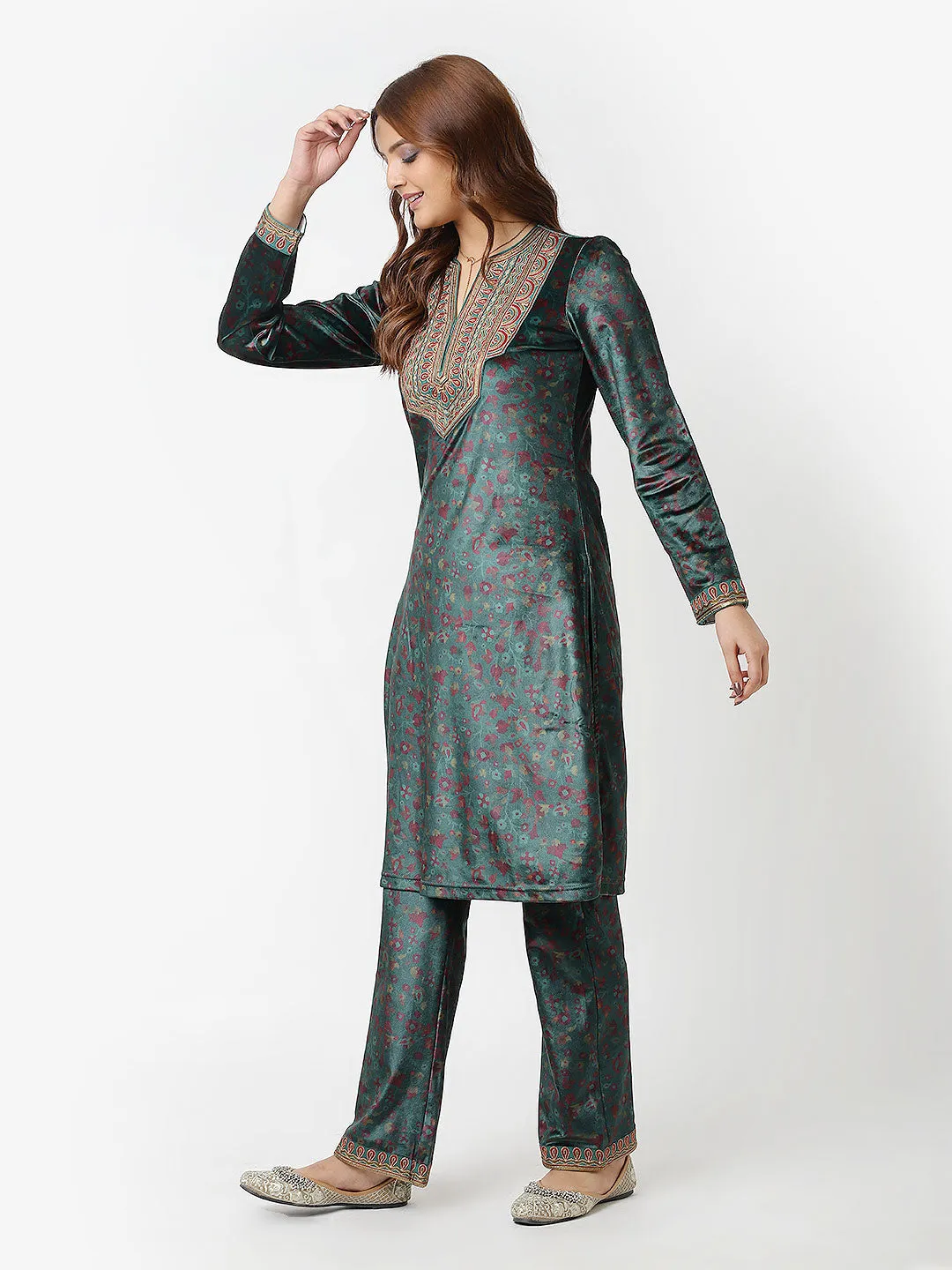 Emerald Green Velvet Kurta Set with Intricate Brass and Zari Embellishments