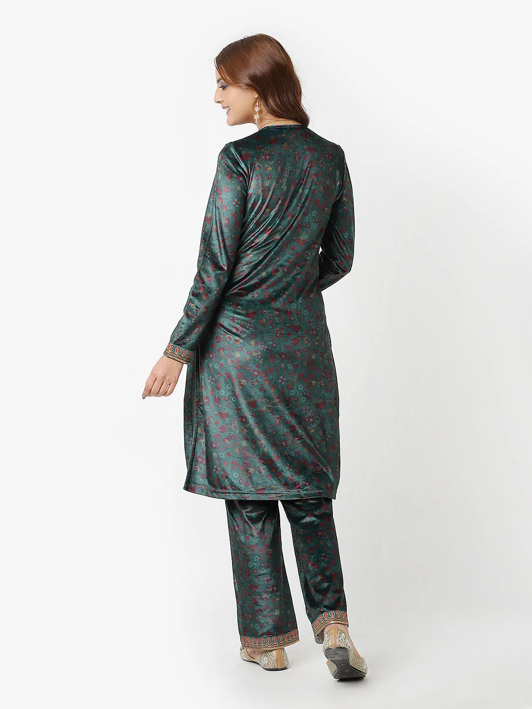 Emerald Green Velvet Kurta Set with Intricate Brass and Zari Embellishments