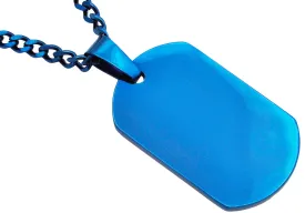 Mens Blue Plated Stainless Steel Engravable Dog Tag Pendant Necklace With 24" Blue Curb Chain