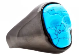 Mens Genuine Turquoise Black Stainless Steel Skull Ring