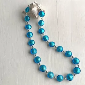 Necklace with turquoise (blue) Murano glass medium (16mm wide) lentil beads on silver