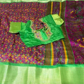 Pink & Green Soft Jute Cotton Kalamkari Saree with Stitched Blouse