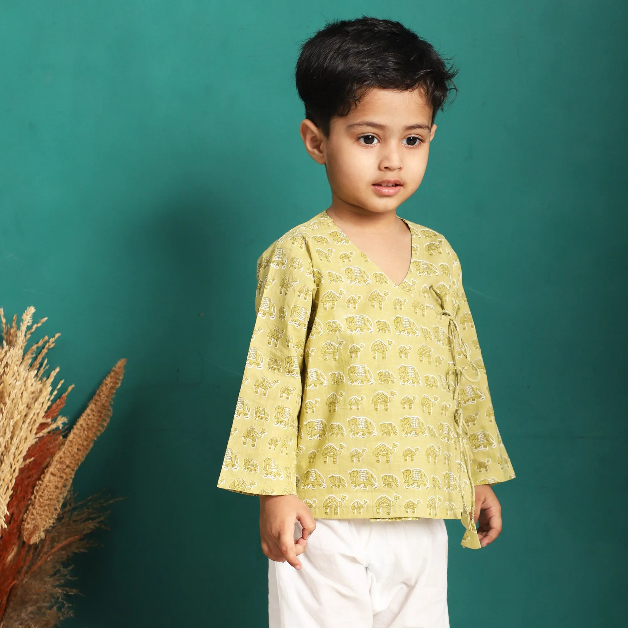 Polka Tots 100% Super Soft Cotton Full Sleeve Elephant Print Front Open Angrakha Kedia Pant Set - Green