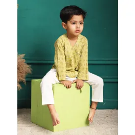 Polka Tots 100% Super Soft Cotton Full Sleeve Elephant Print Front Open Angrakha Kedia Pant Set - Green