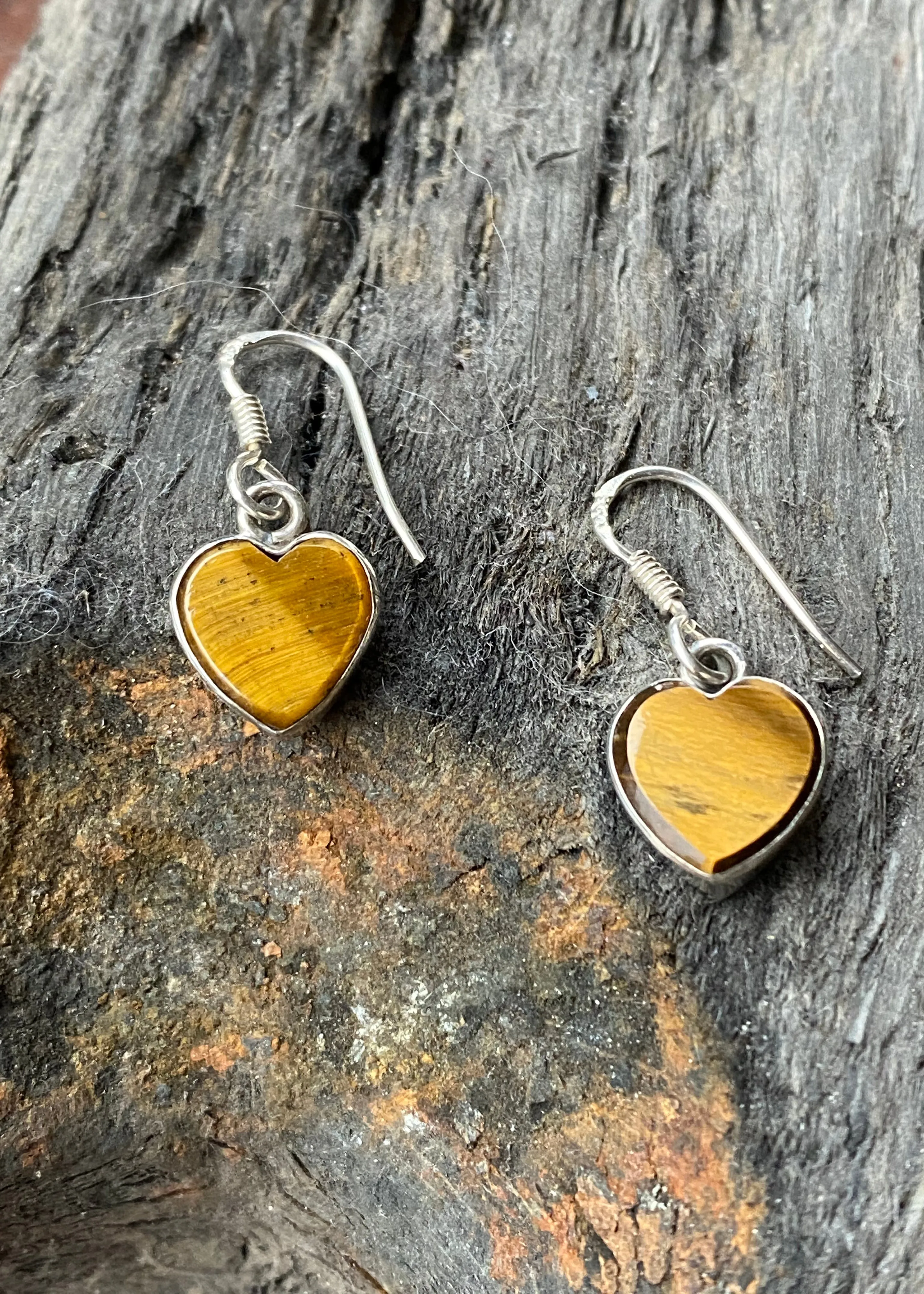 Solid Silver Tigers Eye Heart Drop Earrings