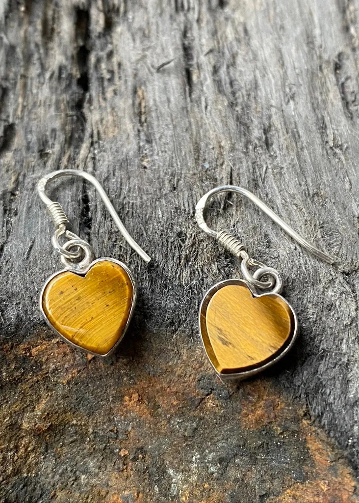 Solid Silver Tigers Eye Heart Drop Earrings