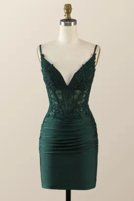 Straps Emerald Green Appliques Bodycon Mini Dress