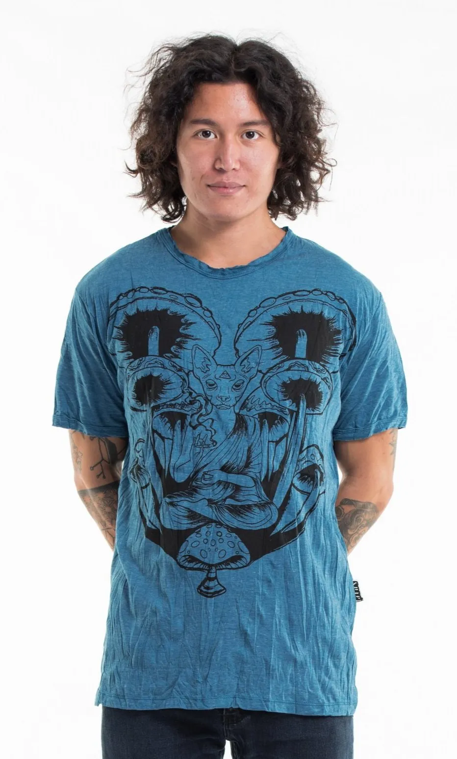 Sure Design Men's Spiritual Shroom Cat T-Shirt Denim Blue