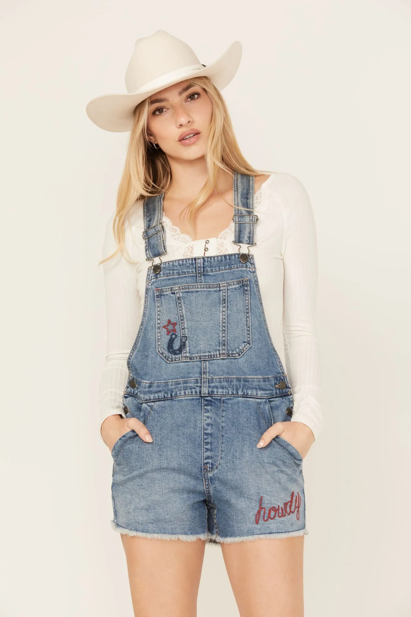 Western Cowboy Embroidered Medium Wash Denim Overalls